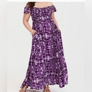 Purple tie dye off the shoulder maxi dress